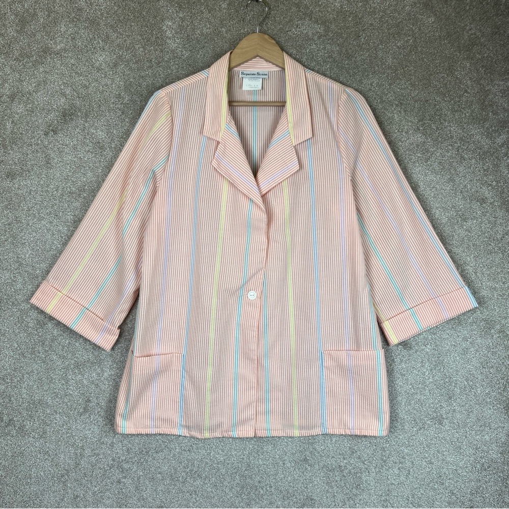 Separate Scene Vintage Jacket Womens 16 Peach Stripe 3/4 Sleeve Button 80s-3001*